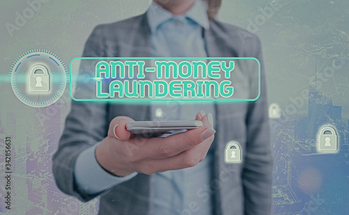 Text sign showing Anti Money Laundering. Business photo showcasing stop generating income through illegal actions photo