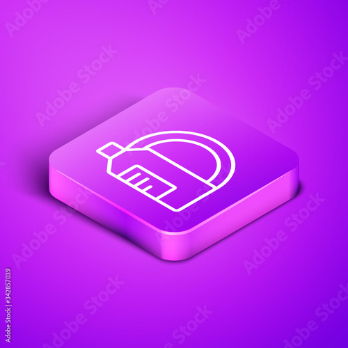 Isometric line Dishwashing liquid bottle and plate icon isolated on purple background. Liquid detergent for washing dishes. Purple square button. Vector Illustration
