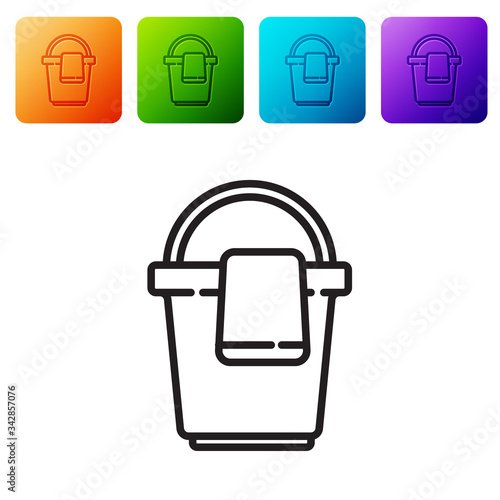 Black line Bucket with rag icon isolated on white background. Cleaning service concept. Set icons in color square buttons. Vector Illustration