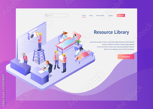 Isometric Vector Illustration Representing Various Professions Including Nurse, Masseur, Technician, Contractor, Welder, Administrator in one Place