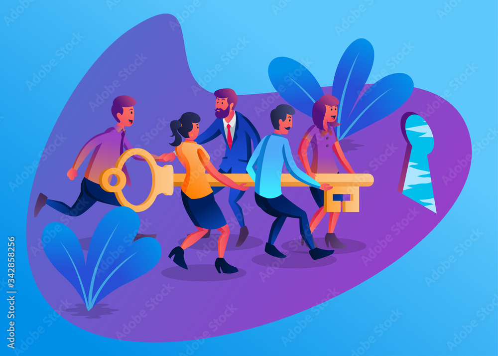 Obraz premium Flat Vector Illustration Representing Some Employees with a Leader Working Together to Raise a Key to Open the Door of Success
