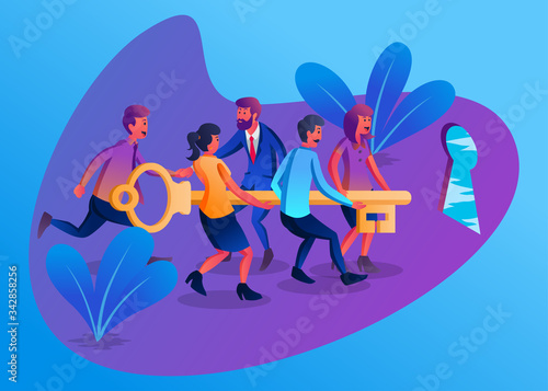 Flat Vector Illustration Representing Some Employees with a Leader Working Together to Raise a Key to Open the Door of Success