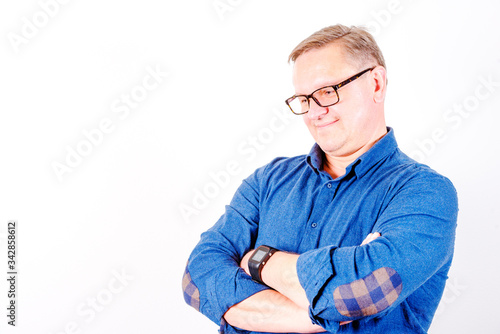 men in glasses and blue shirt