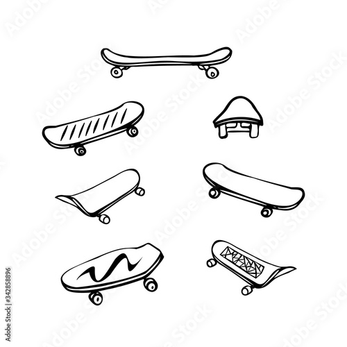 Set of black and white vector illustrations. Skateboards. Isolated on a white background.