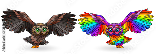 Set of stained glass elements with owls, bright birds isolated on white background