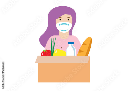 Coronavirus donation food.Young girl in mask with box of charity donation, vector illustration.