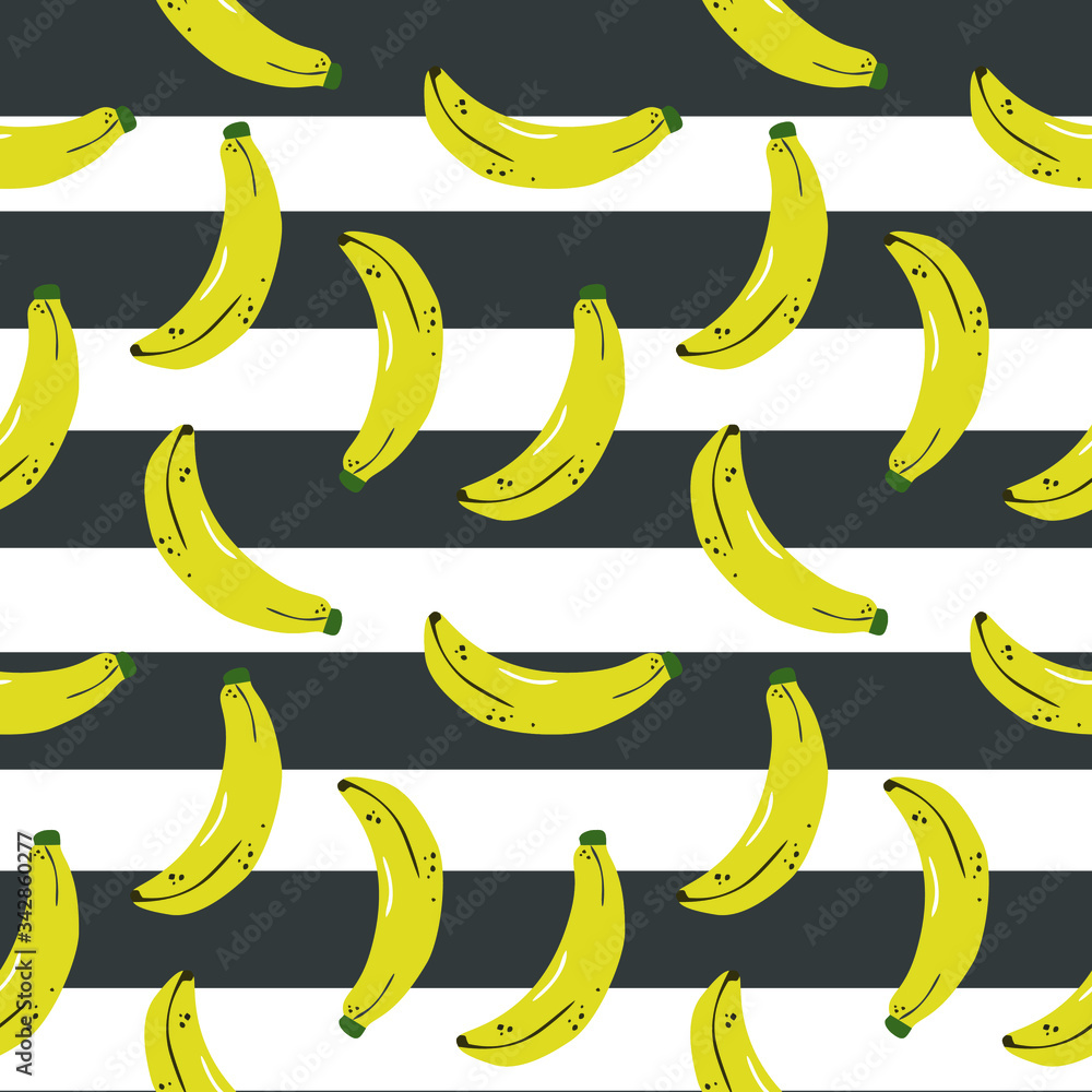 Ripe yellow bananas, geometric seamless pattern on a black and white striped background, vector.