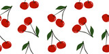 Red, fresh berries of a cherry with a leaf, geometric seamless pattern on a white background. 
