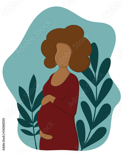 Pregnant dark-skinned woman with flowers on background. Use for midwifery