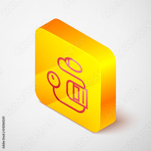 Isometric line Blood pressure icon isolated on grey background. Yellow square button. Vector Illustration