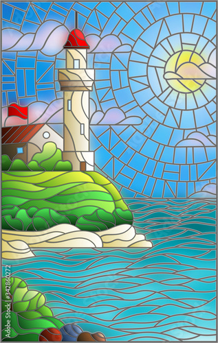 Illustration in stained glass style with seascape, lighthouse  on a background of sea and Sunny sky