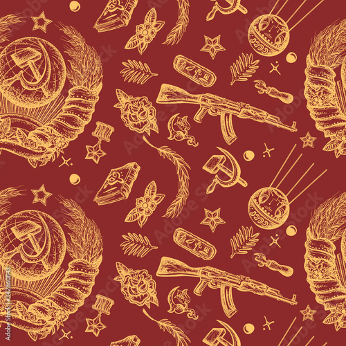 USSR seamless pattern. State Emblem of Soviet Union. Sickle and hammer, kalashnikov rifle, space sputnik, earth satellite. Vintage style. Propaganda art. Communism and socialism background