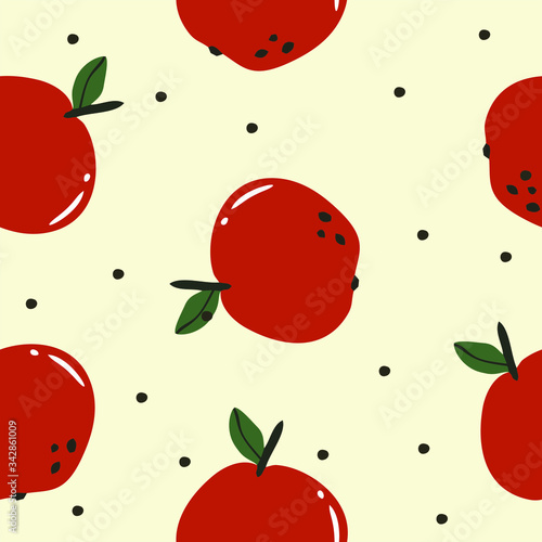 Fototapeta Naklejka Na Ścianę i Meble -  Ripe, red apples with a leaf and dots, geometric seamless pattern on a beige background, vector. 