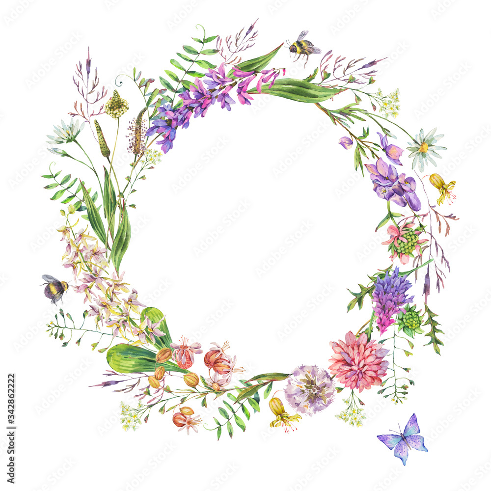 Vintage watercolor summer purple meadow wildflowers wreath