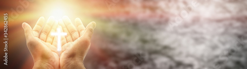 Human hands open palm up worship. With raised hand. Christian Religion concept background. fighting and victory for god. Believe in the Bible. Conceptual Religion. Principles of good living.