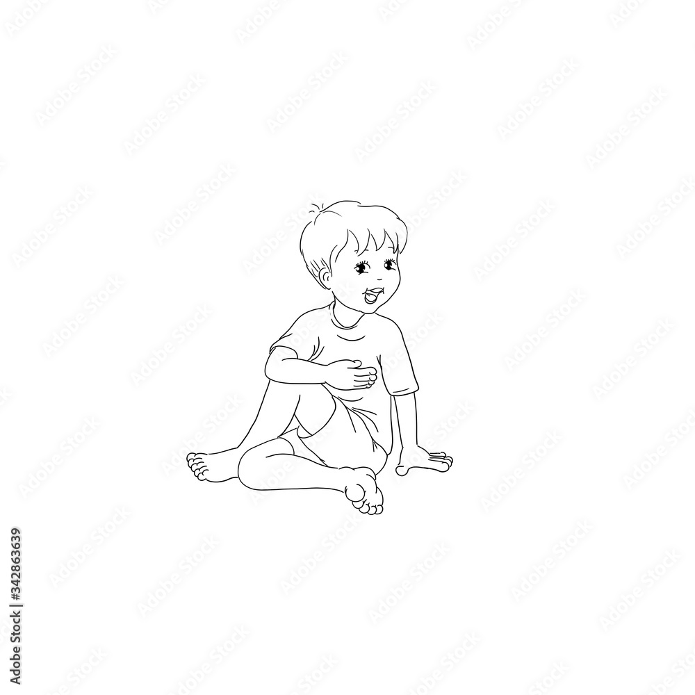 Kids Yoga - Joga für Kinder, Asana Meerjungfrau, horizontal Banner Design Concept Cartoon. Junge barfuß in Yoga Haltung, macht fröhliches Gesicht. Yogi Logo auf Hintergrund in weiß.