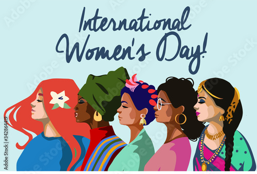 women of different nationalities and cultures standing together. Female friendship, feminist union or sisterhood. The concept of the women's movement for empowerment. International Women's Day.