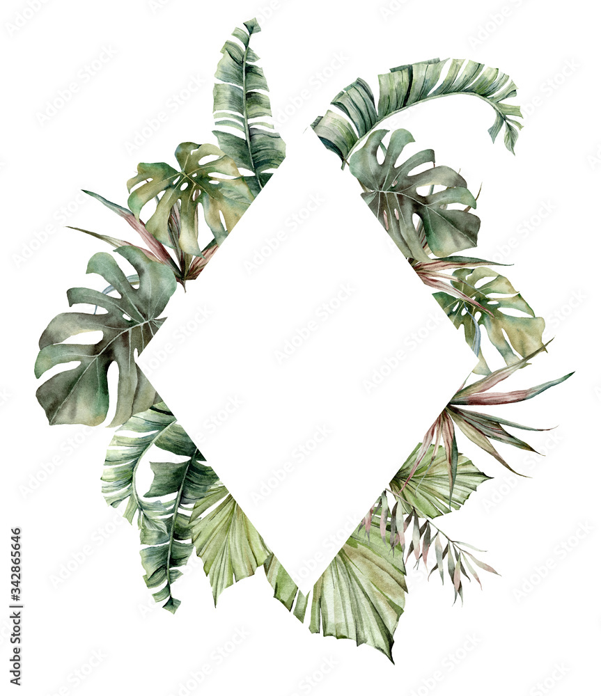 Fototapeta premium Watercolor tropical frame with palm leaves. Hand painted card with monstera, banana and coconut branches isolated on white background. Floral illustration for design, print, fabric or background.