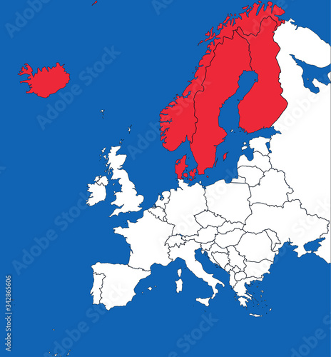 Nordic countries highlighted on europe map. Blue sea background. Perfect for Business concepts, backgrounds, backdrop, sticker, chart, presentation and wallpaper.