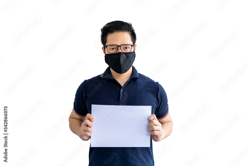 Asian Man hold White Paper with Face Mask Protection from Virus and Flu or Pollution on Isolated White Background. Asian Man hold White Paper with Face Mask Protection from Virus and Flu or Pollution on Isolated White Background.