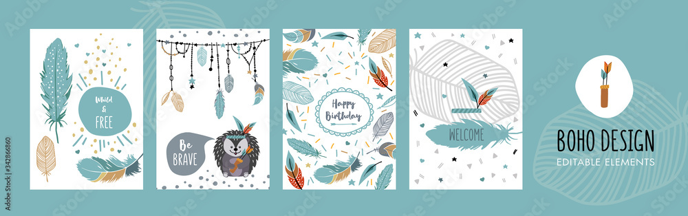 Happy birthday boho cards set collection with feathers, hedgehog, arrows.
Hand-drawn illustration with editable elements. Happy birthday boho cards set collection with feathers, hedgehog, arrows.
Hand-drawn illustration with editable elements.