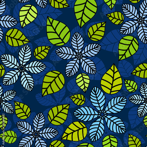 Blue and green outlines floral seamless pattern