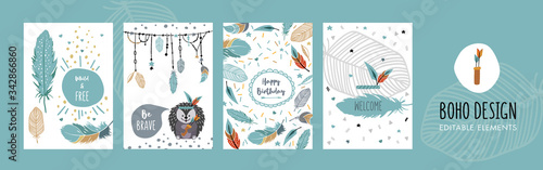 Happy birthday boho cards set collection with feathers, hedgehog, arrows.
Hand-drawn illustration with editable elements.