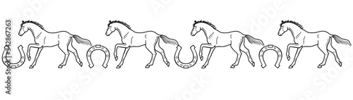 Galloping horses and horseshoes - linear  vector  seamless border for coloring. Seamless divider with horseshoes and galloping horses. Outline.