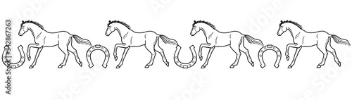 Galloping horses and horseshoes - linear, vector, seamless border for coloring. Seamless divider with horseshoes and galloping horses. Outline.