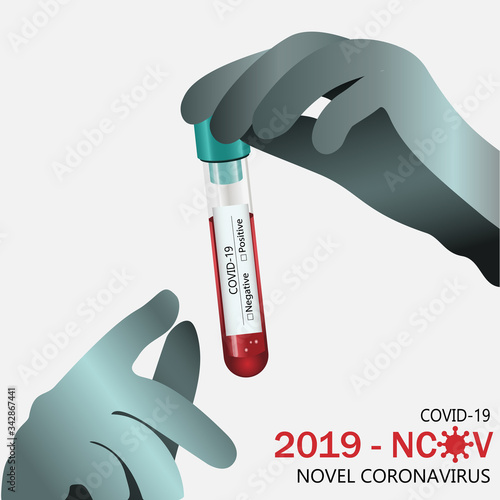 Coronavirus vaccine concept. Vector illustration.
Rubber gloved hand holding a blood tube.
