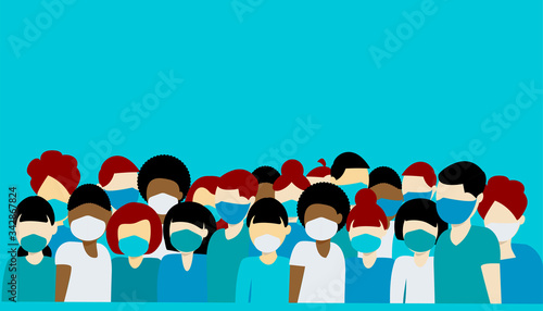 Group of people, doctors in medical masks. Place for text. Health care. Protection against viral pandemics, air pollution, Vector illustration on isolated background. Flat 