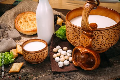 Kazakh traditional kumys horse milk cheese kurt photo