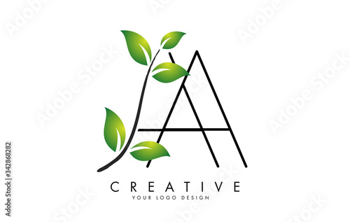 Leaf Letters AA A Logo Design with Green Leaves on a Branch. Letters AA with nature concept.