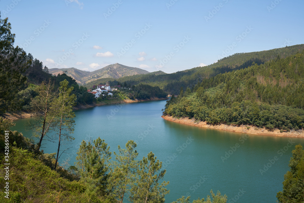 Dornes city and landscape panoramic view with Zezere river, in Portugal