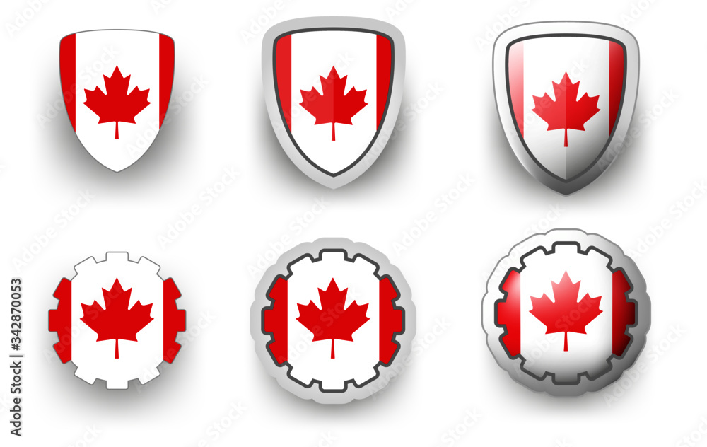 6 vector icons of Canada flag shield button and cogwheel, flat and volumetric style in flag colors red, white for poster, flyer 6 vector icons of Canada flag shield button and cogwheel, flat and volumetric style in flag colors red, white for poster, flyer