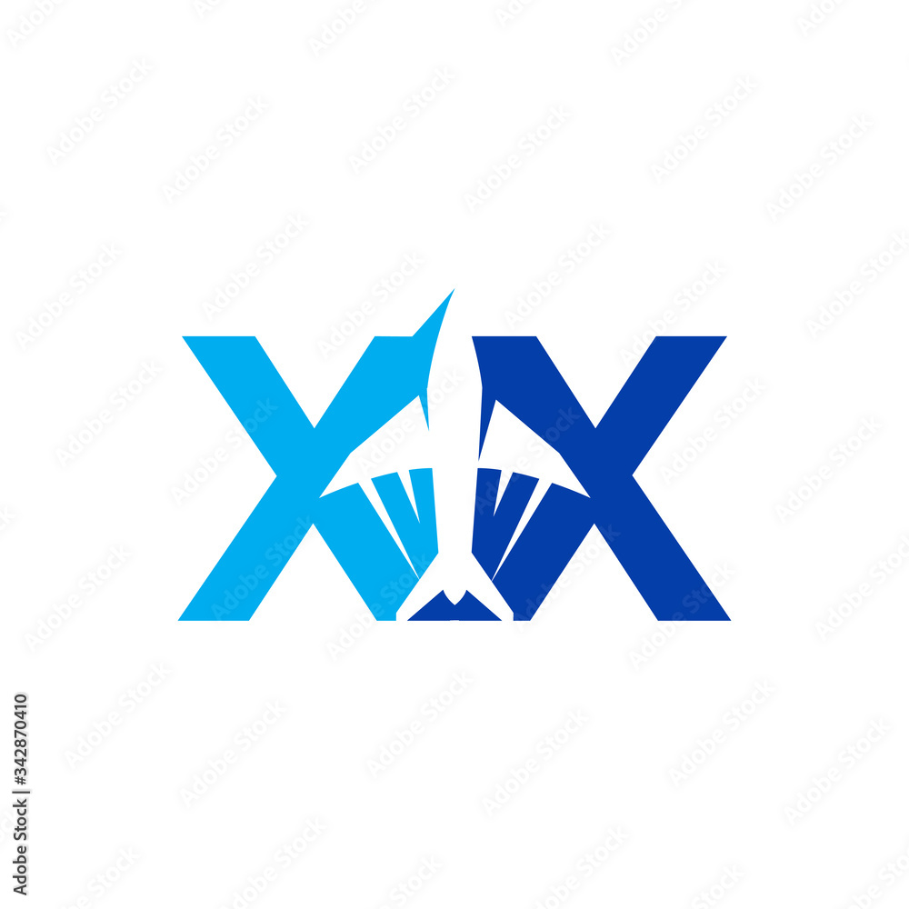 Creative letter XX symbol vector With plane in blue color Creative letter XX symbol vector With plane in blue color