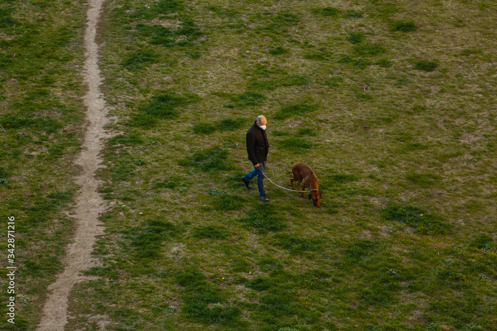 A man standing on top of a grass covered field man walking a dog on the grass
