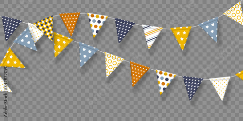 Vector bunting flags with geometric patterns. Decorative elements for birthday party, festivals, holidays. Isolated on transparent background.