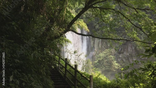 Mountain, waterfall, forest, wooden bridge. Beautiful view of relaxation in a japanese forest. photo