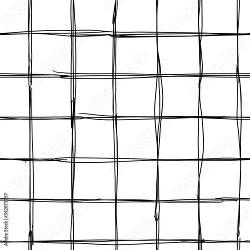 Hand drawn grid seamless pattern with black scratching criss cross lines on a white background. Perfect for printing textile.