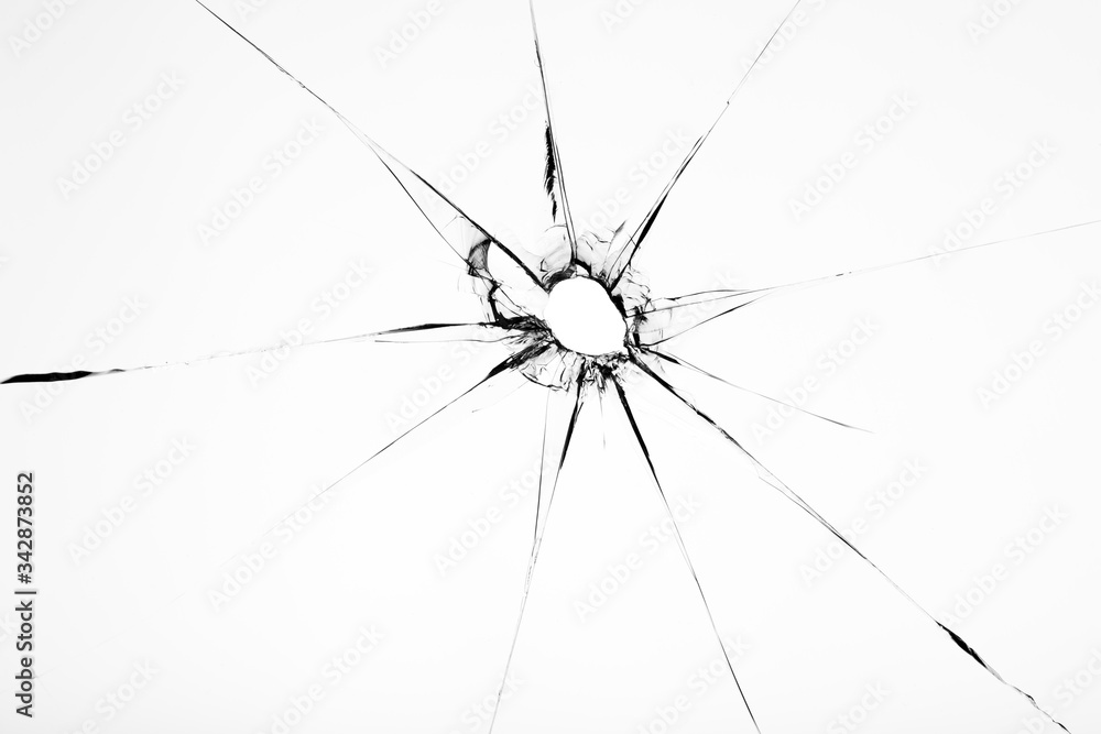 Broken glass texture with hole in center isolated on white background - obrazy, fototapety, plakaty 