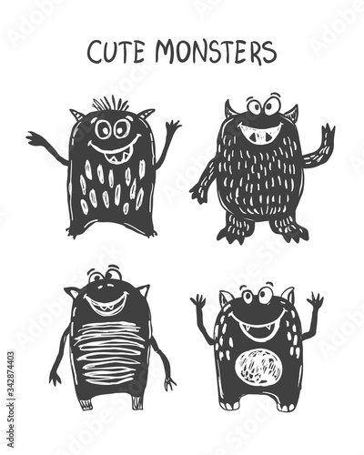 Cute monsters silhouette vector set. Hand drawn doodle cartoon characters.