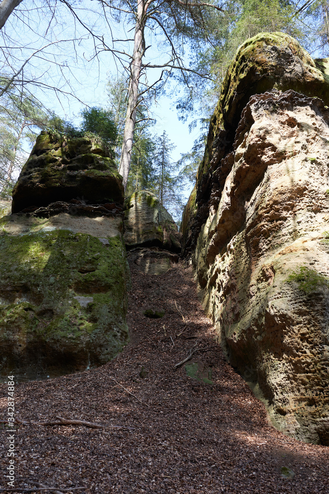 April 10, 2020 - Sandstone rocks in central Bohemia - Kokorin area in the spring April 10, 2020 - Sandstone rocks in central Bohemia - Kokorin area in the spring