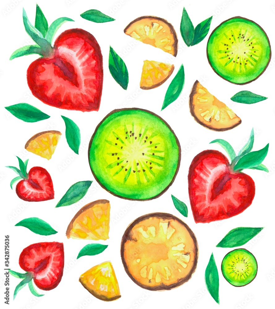 set of fruits art. Kiwi fruit, pineapple and strawberries with leaves watercolor set of fruits art. Kiwi fruit, pineapple and strawberries with leaves watercolor