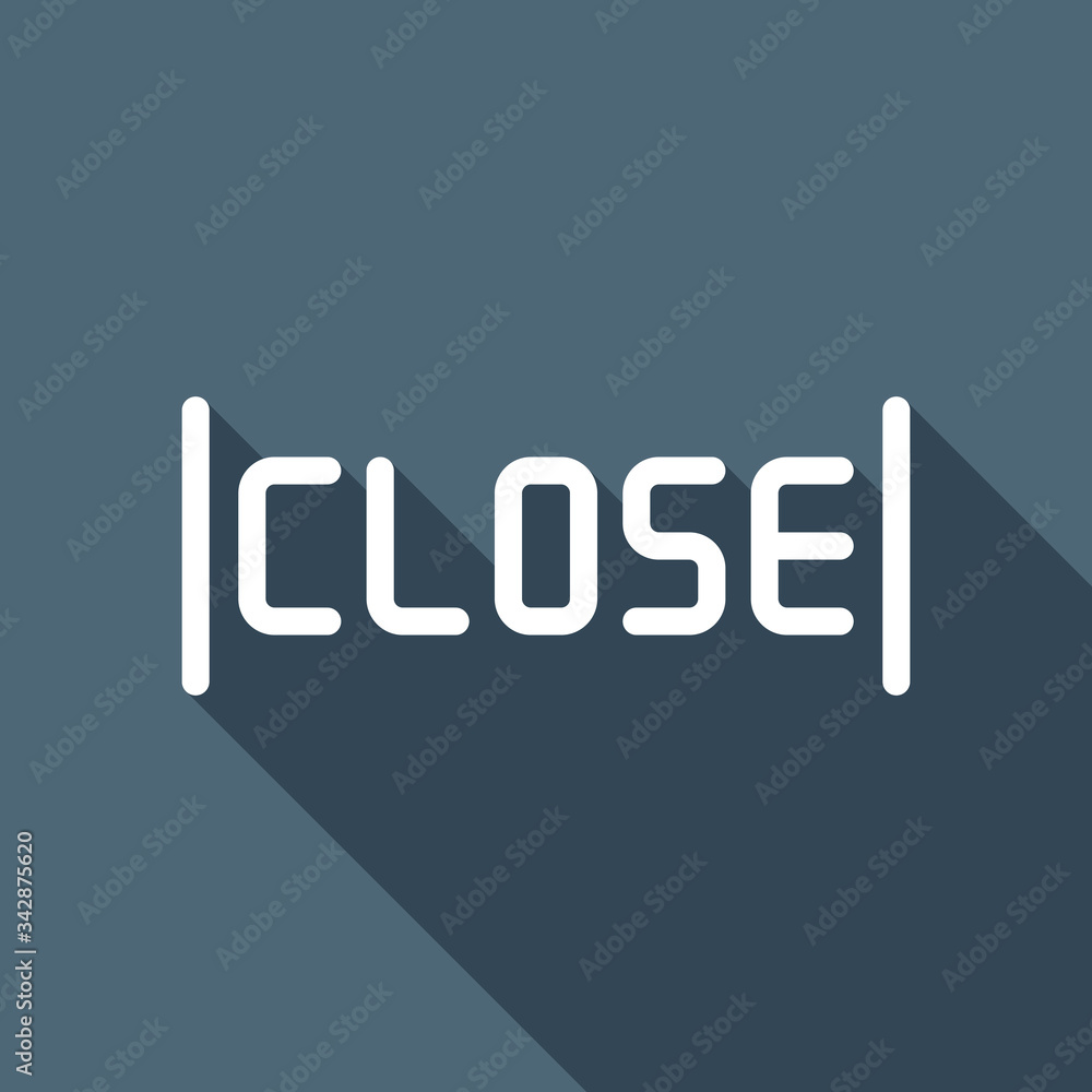 Signboard with close text, label for store, outline design. White flat icon with long shadow on blue background Signboard with close text, label for store, outline design. White flat icon with long shadow on blue background
