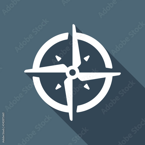 Simple compass or wind rose. White flat icon with long shadow on blue background