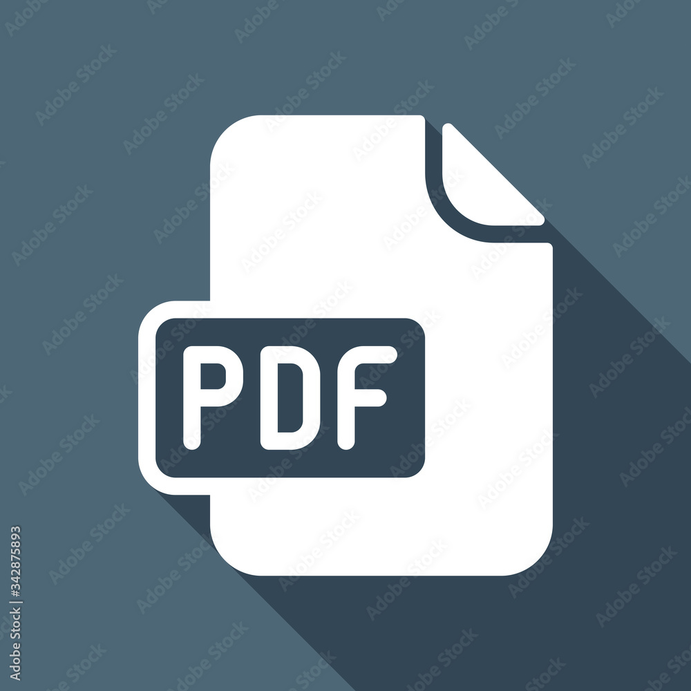 Computer file, pdf symbol. White flat icon with long shadow on blue background Computer file, pdf symbol. White flat icon with long shadow on blue background