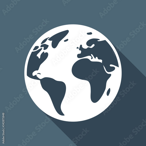 Earth planet, global map. White flat icon with long shadow on blue background