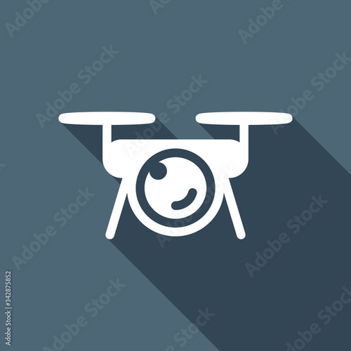 Drone with camera, tech logo. White flat icon with long shadow on blue background