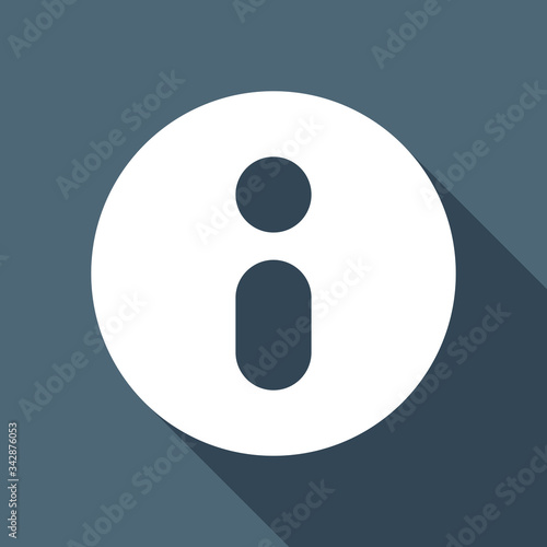 Information symbol in circle, inform desk, i letter. White flat icon with long shadow on blue background